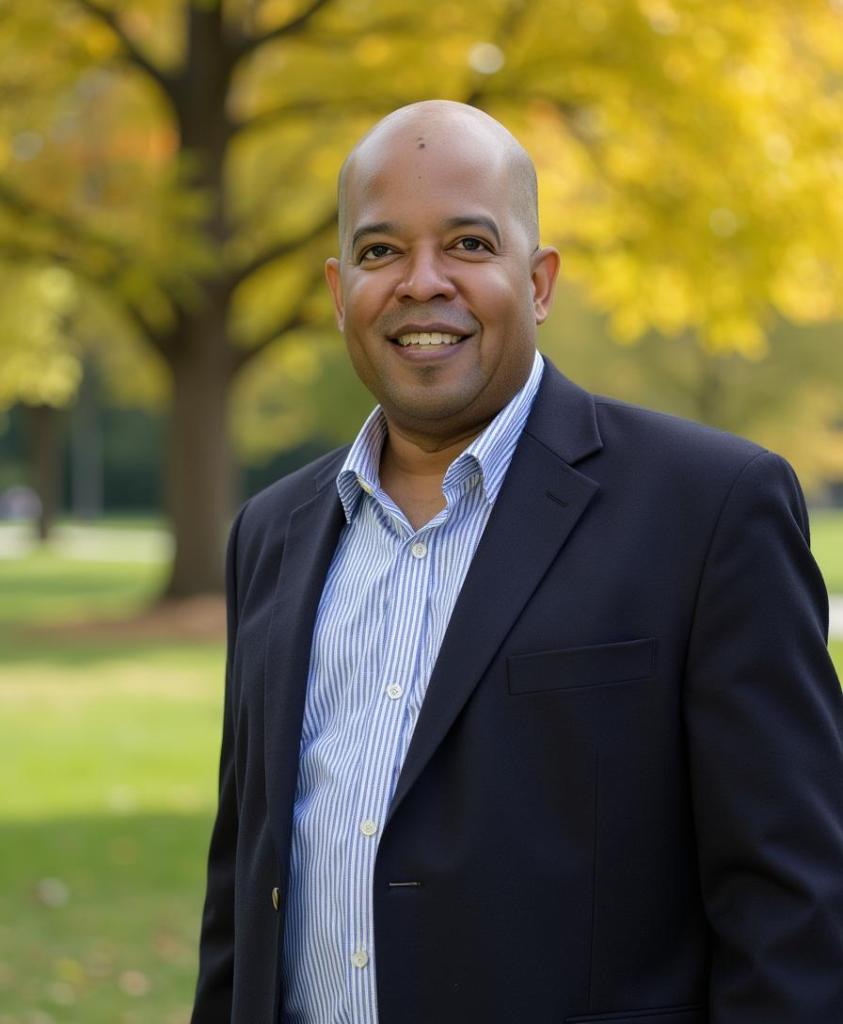 A smiling man in a dark blazer and striped shirt standing in a park with yellow autumn trees in the background.